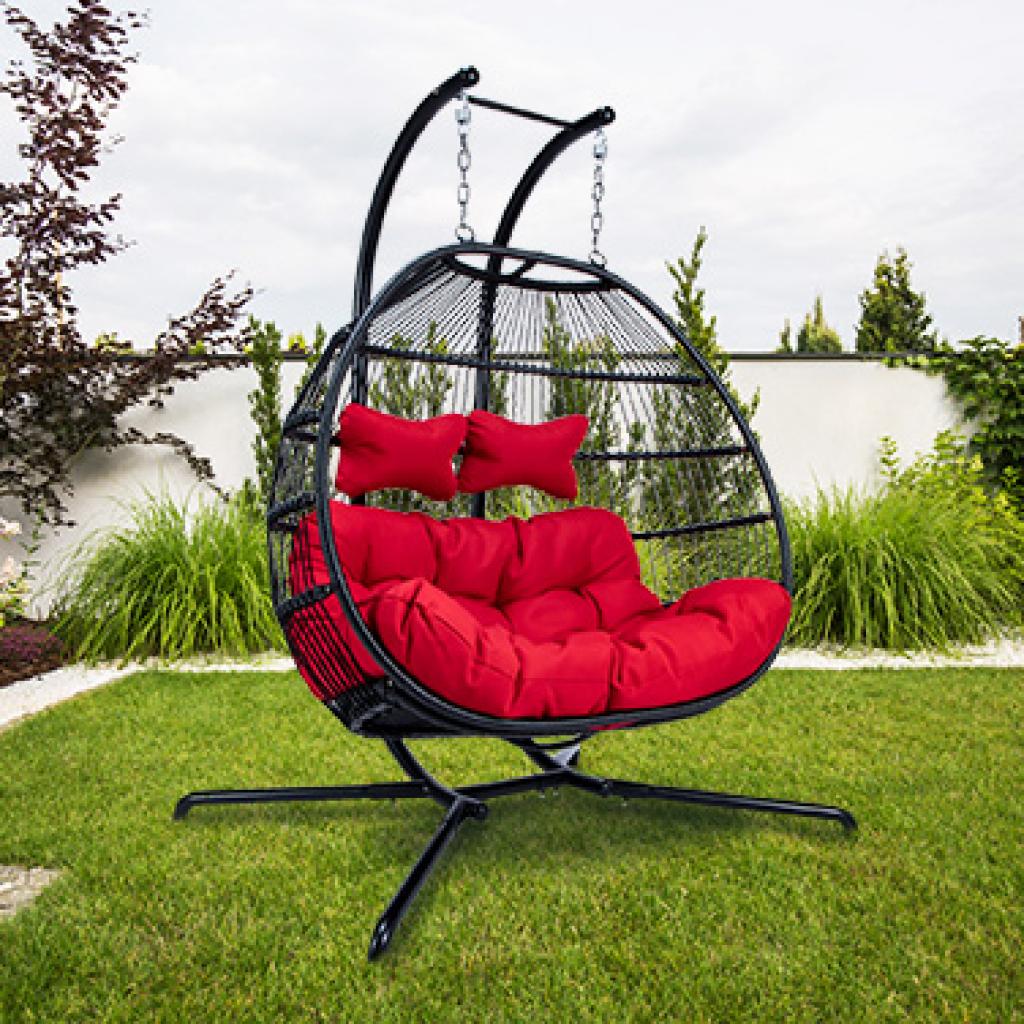 PureHaven Hängesessel für 2 Personen 130x120x200 cm Rattan-Kunststoffgeflecht mit Kissen wasserfest strapazierfähig gefederte Aufhängung rot/schwarz