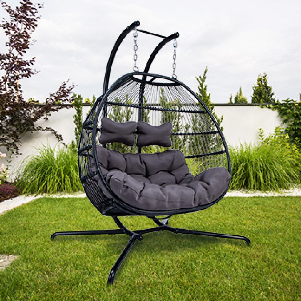 PureHaven Hängesessel für 2 Personen 130x120x200 cm Rattan-Kunststoffgeflecht mit Kissen wasserfest strapazierfähig gefederte Aufhängung grau/schwarz