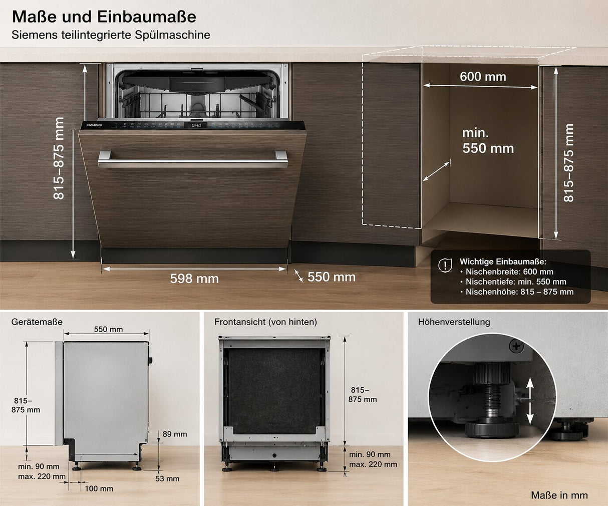Siemens SN63EX14VE Geschirrspülmaschine Abmessungen und Einbaumaße