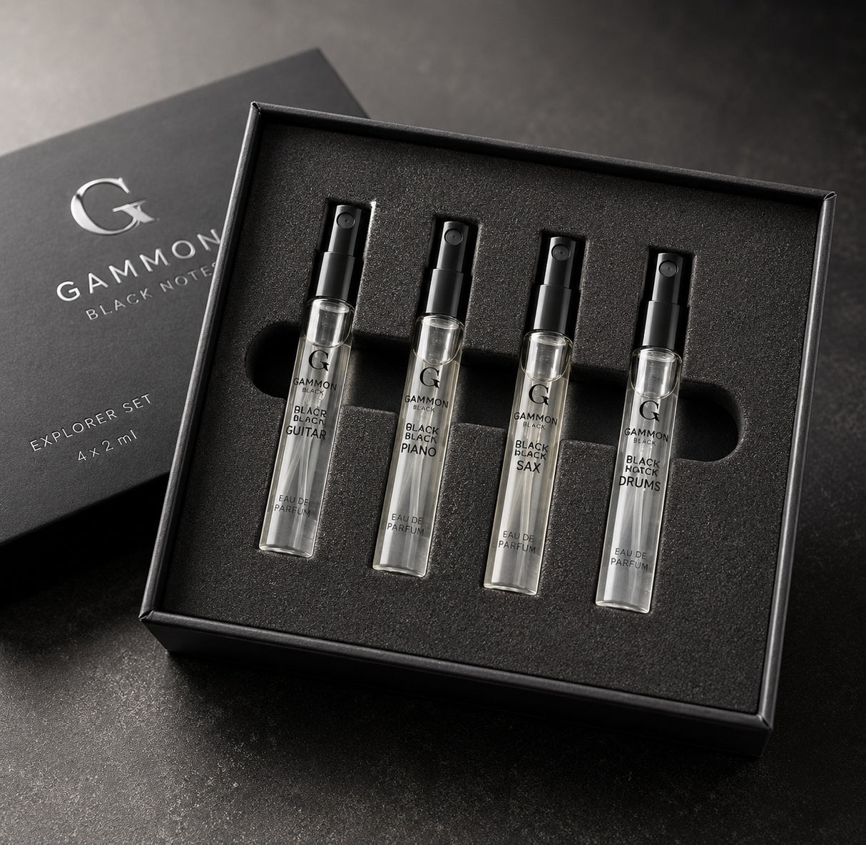 GAMMON Black Notes Parfum Set mit Aluminium Suit in edler Ansicht