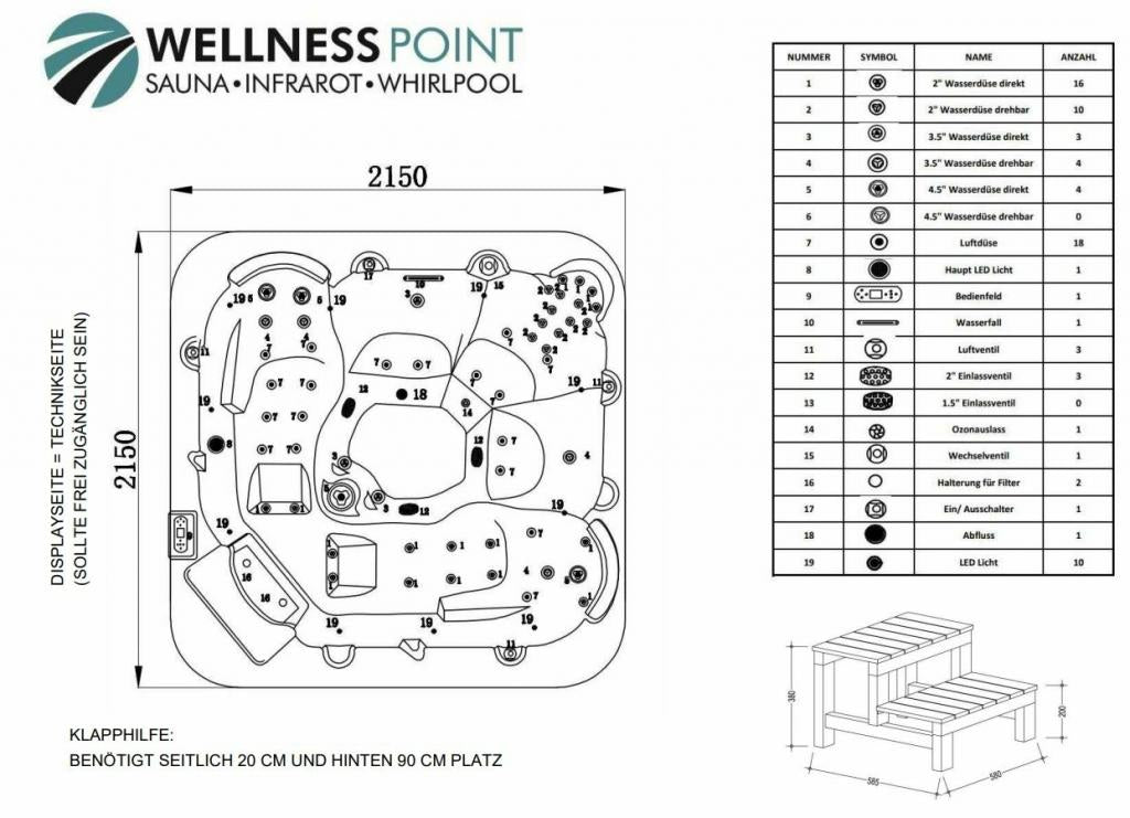 PureHaven Outdoor-Whirlpool 215x215 cm für 5 Personen mit 53 Massagedüsen Heizung Farblicht und Thermoabdeckung UV-Wasseraufbereitung 2 Liegeflächen