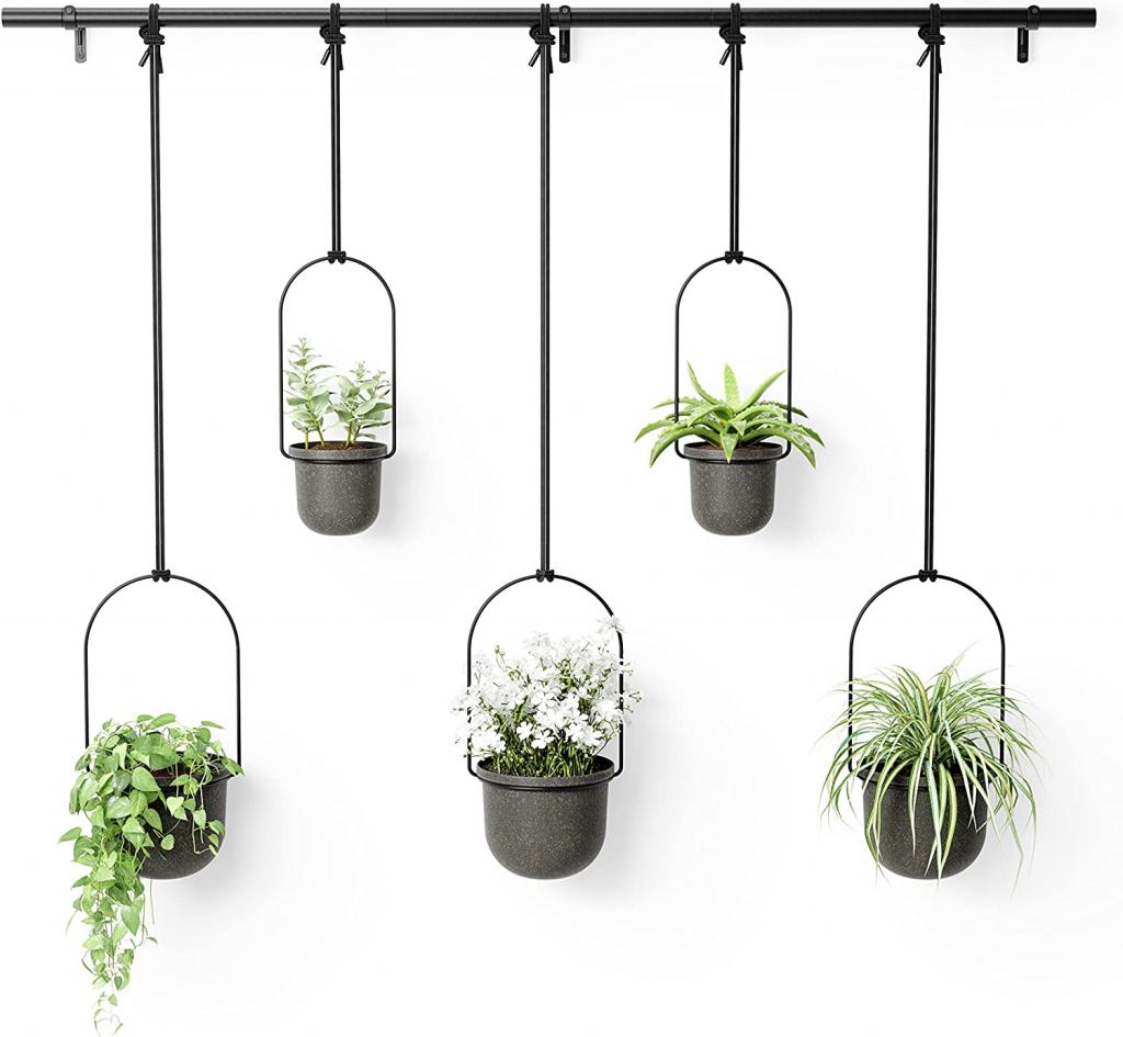 Umbra Triflora BLACK Hängeblumentopf 5er-Set, Wandvase, Blumentopf, Blumenampel für Wand-& Deckenanbringung