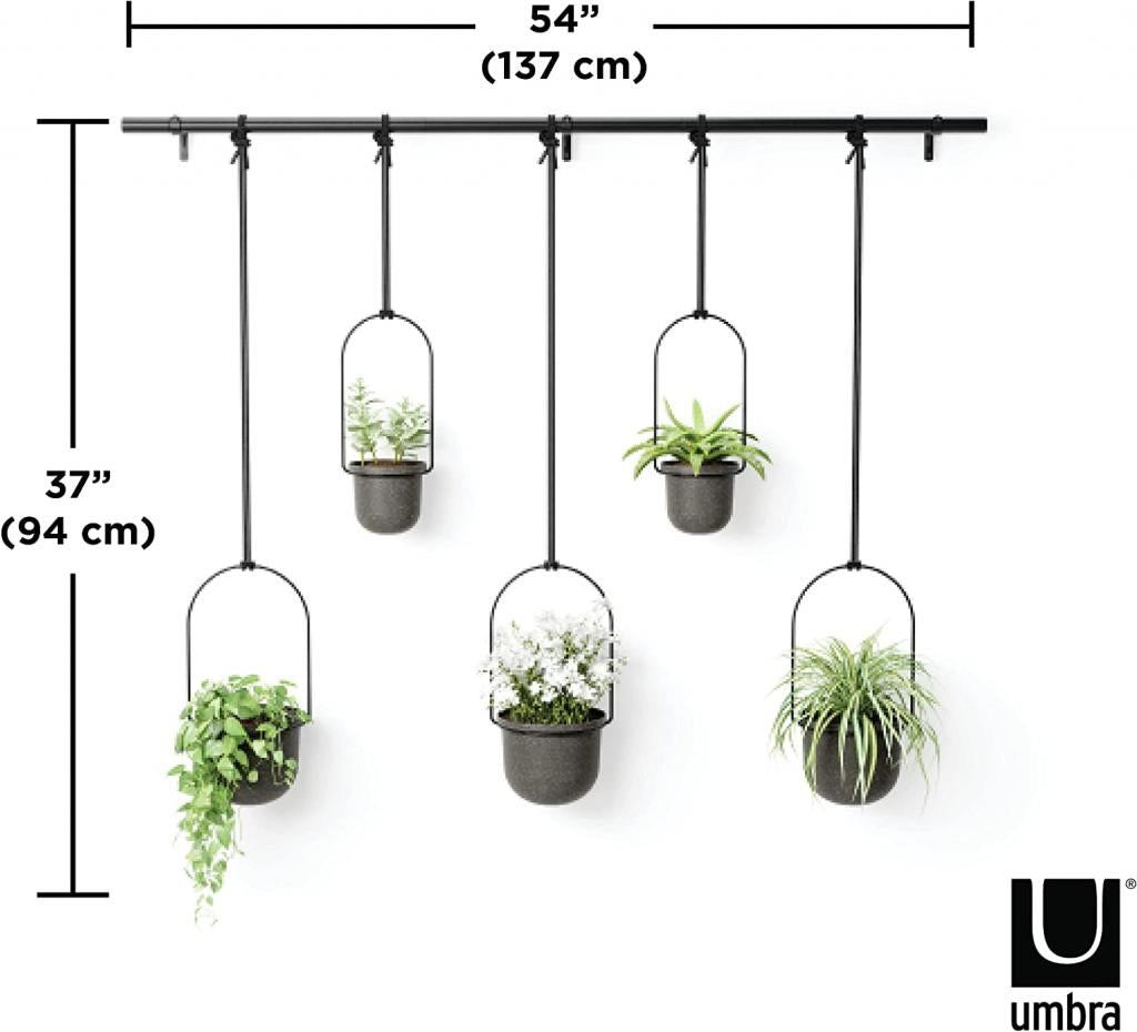Umbra Triflora BLACK Hängeblumentopf 5er-Set, Wandvase, Blumentopf, Blumenampel für Wand-& Deckenanbringung