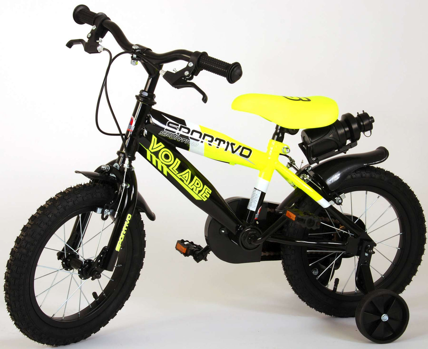 Volare Sportivo Kinderfahrrad - Jungen - 14 Zoll - Neon Gelb/Schwarz - Abnehmbare Stützräder und Flaschenhalter