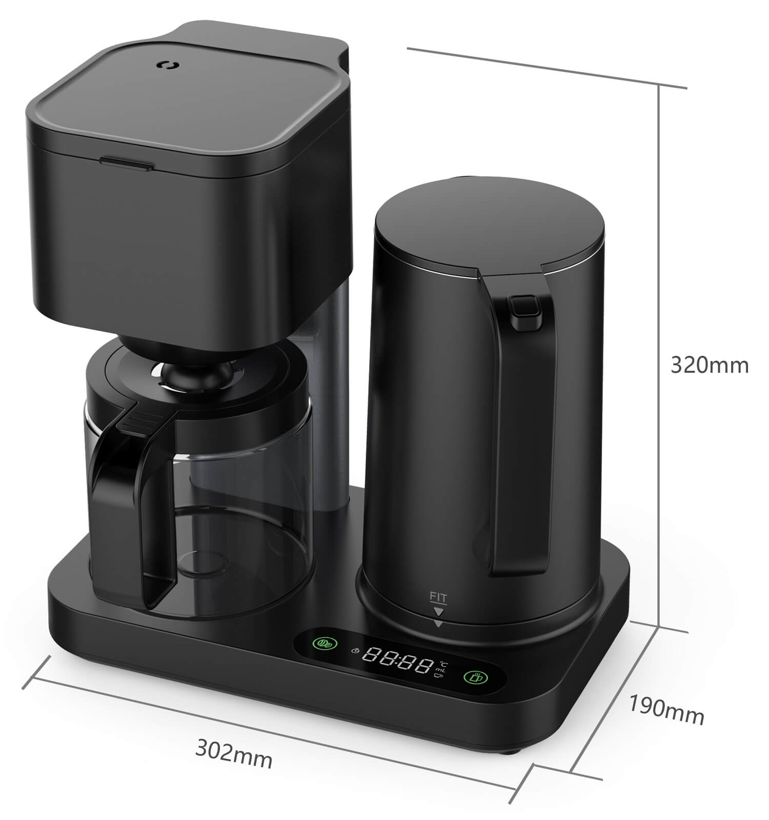 WKM KWK-1600 Kombinierte Kaffeemaschine + Wasserkocher, 1600W, LED-Display, Touch-Tasten, Warmhaltefunktion