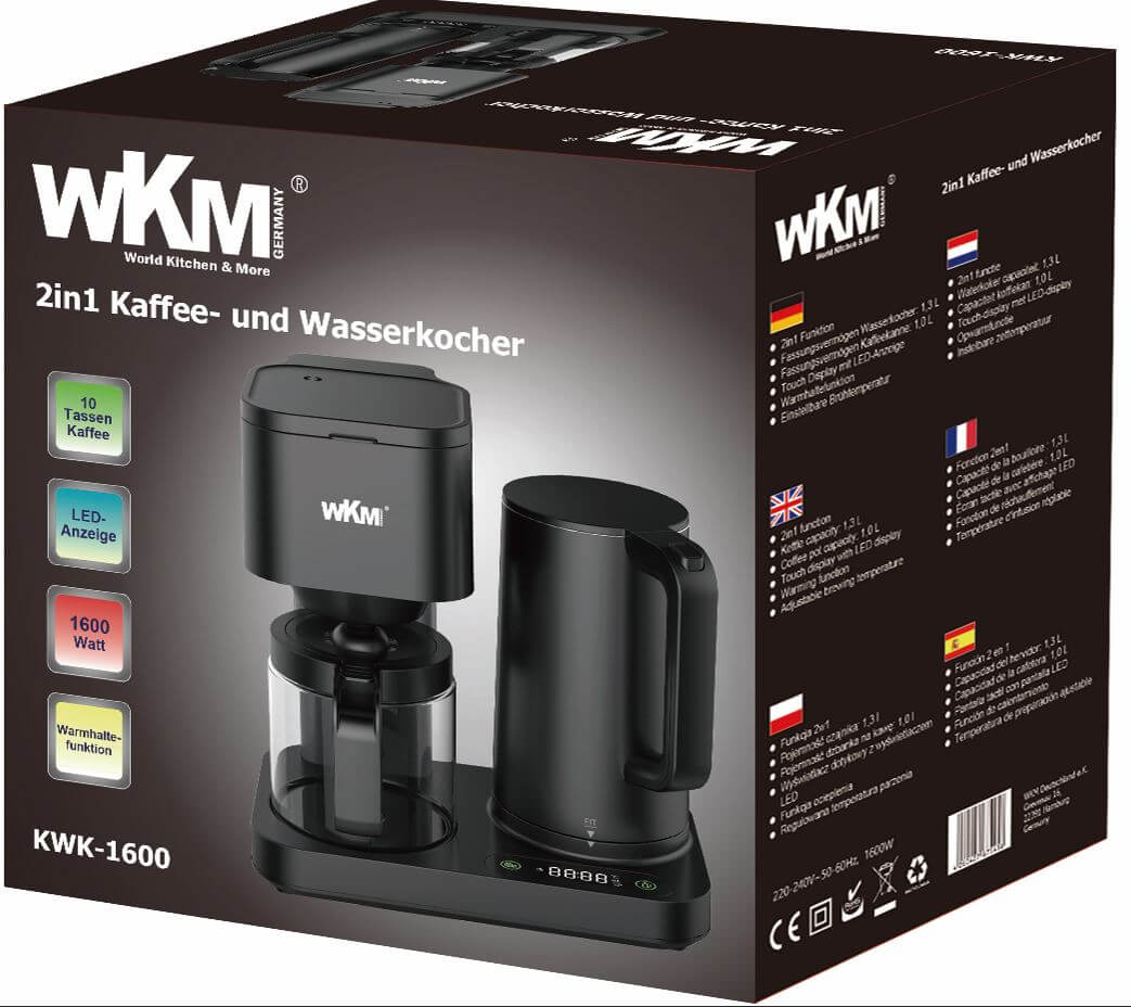 WKM KWK-1600 Kombinierte Kaffeemaschine + Wasserkocher, 1600W, LED-Display, Touch-Tasten, Warmhaltefunktion