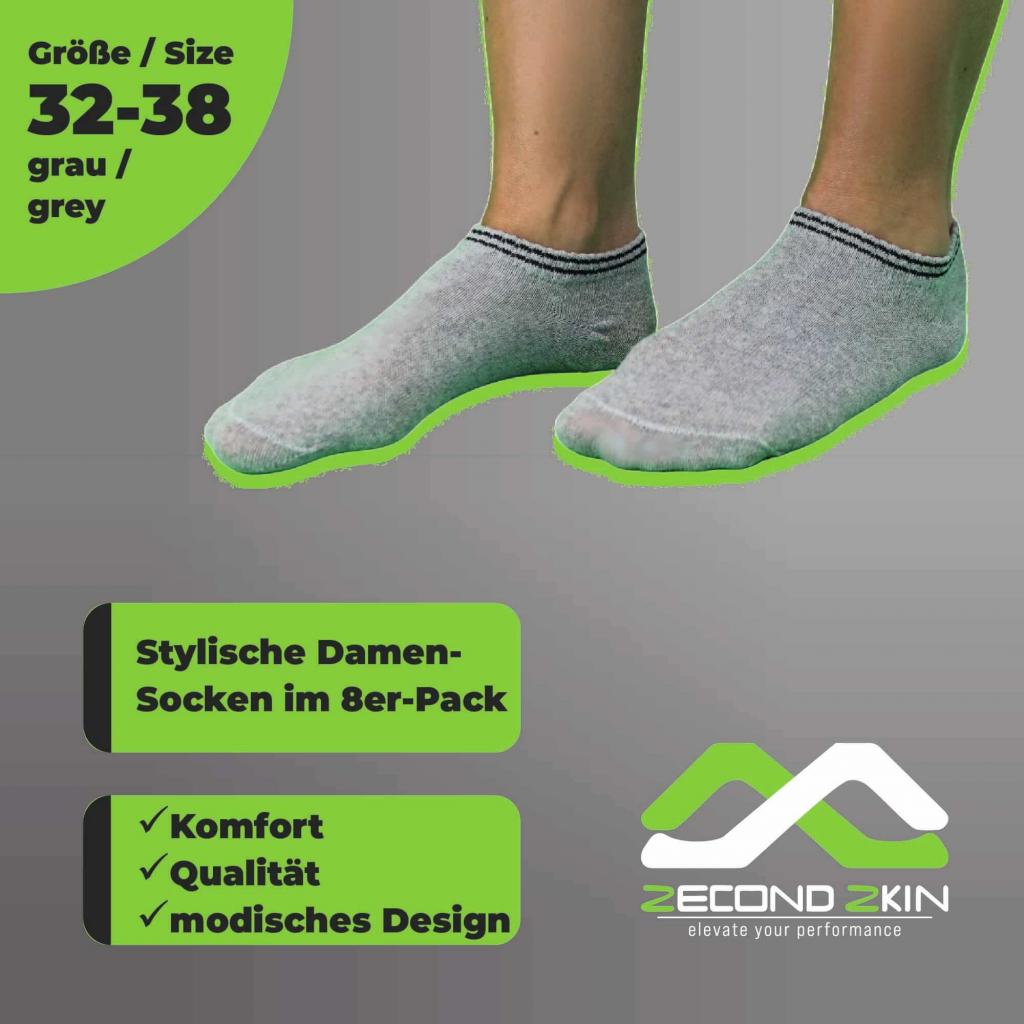 Zecond Zkin 8 Paar Sneaker Socken Gr. 32 - 38 grau Sommersocken Füßlinge aus Baumwolle