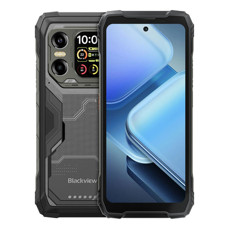 Blackview XPLORE X1 Rundumansicht in Schwarz: 6,78 Zoll 120Hz Hauptdisplay und 2,01 Zoll Rückdisplay für Benachrichtigungen und Selfies.