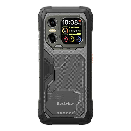 Rückseite des Rugged Phones im Carbon-Look mit markantem Triple-Kamera-Modul, Infrarot-Nachtsicht-Sensor und integriertem Zweitdisplay.