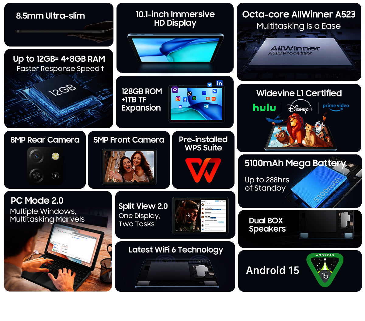 Blackview Tab 60 Tablet Features – 10,1 Zoll HD Display, Octa Core, 12GB RAM, 128GB Speicher, WiFi 6, Widevine L1, 5100mAh Akku