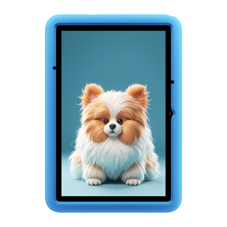 Blackview Tab A6 Kids – Frontansicht mit Displaymotiv Hund und blauer EVA-Schutzhülle