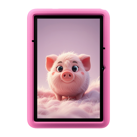 Blackview Tab A6 Kids – Frontansicht mit Displaymotiv Schwein und pinker EVA-Schutzhülle