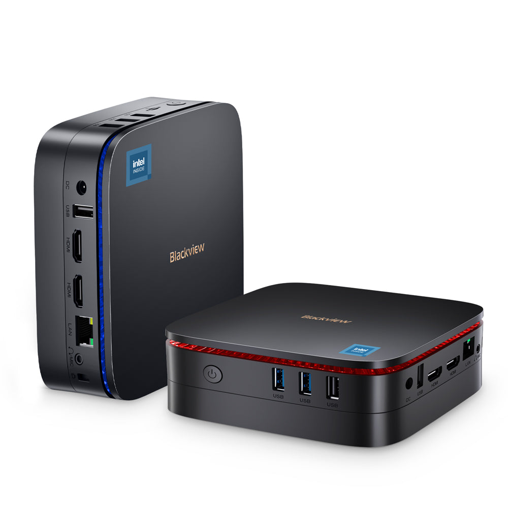 Blackview MP60 Mini PC – Vorder- und Seitenansicht mit Intel® Inside Logo, USB-, HDMI- und LAN-Anschlüssen