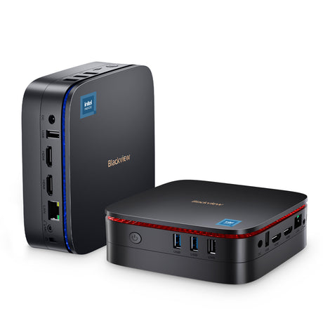 Blackview MP60 Mini PC – Vorder- und Seitenansicht mit Intel® Inside Logo, USB-, HDMI- und LAN-Anschlüssen