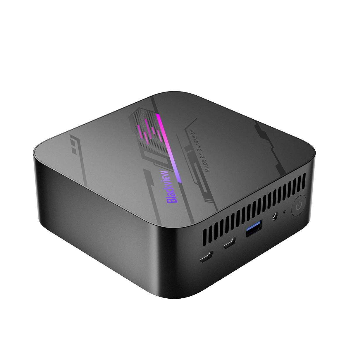 Blackview MP100 Mini PC – Vorderansicht schräg links, kompakter schwarzer Mini-PC mit modernem Design und beleuchtetem Logo