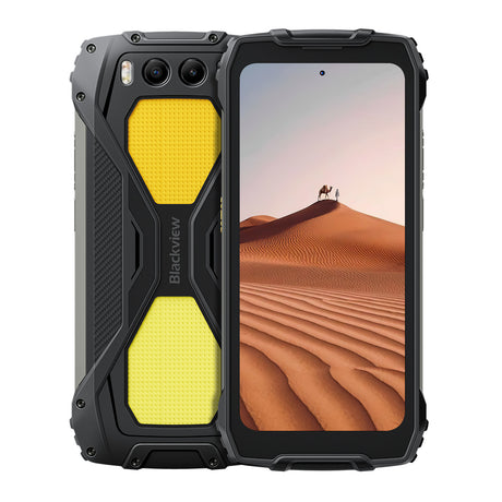 Blackview BV7300 Rugged Smartphone, frontale Ansicht beider Seiten, zeigt Frontkamera und eingeschaltete Taschenlampe
