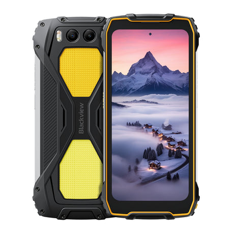 Blackview BV7300 Yellow Rugged Smartphone, frontale Ansicht beider Seiten, zeigt Frontkamera und eingeschaltete Taschenlampe