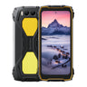 Blackview BV7300 Yellow Rugged Smartphone, frontale Ansicht beider Seiten, zeigt Frontkamera und eingeschaltete Taschenlampe