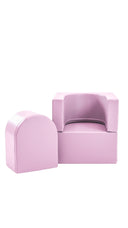 Zwei gepolsterte Möbelstücke in sanftem Rosa, modern und minimalistisch gestaltet