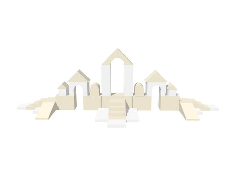 Modulares Architekturmodell in neutralen Farben mit verschiedenen Formen und Ebenen