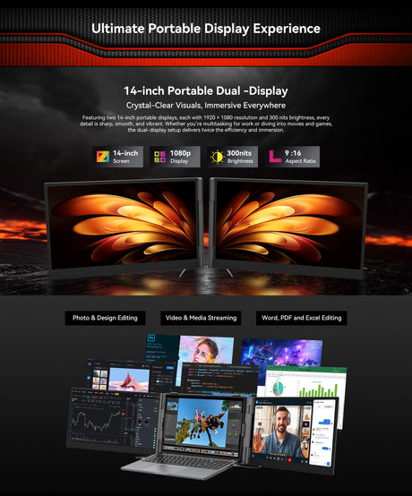 Lifestyle-Bild: Das Blackview Dual-Screen System (DCM6/DCM8) liegt zusammengeklappt neben dem Laptop und der Leder-Schutzhülle, um die Portabilität und das geringe Gewicht zu demonstrieren.