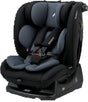 Osann Huddle 2 i-Size Kindersitz Nero, Frontansicht mit geschlossenem 5-Punkt-Gurt, zeigt ergonomische Sitzform und gepolstertes Gurtsystem, geeignet für Kinder von 40 bis 150 cm