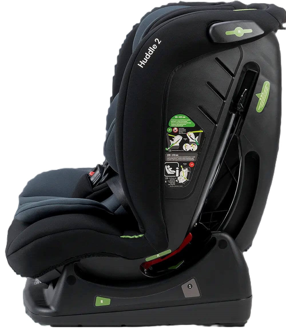 Osann Huddle 2 i-Size Nero, linke Seitenansicht mit Darstellung der Kippfunktion, flexibel einstellbare Ruheposition für Babys und Kleinkinder