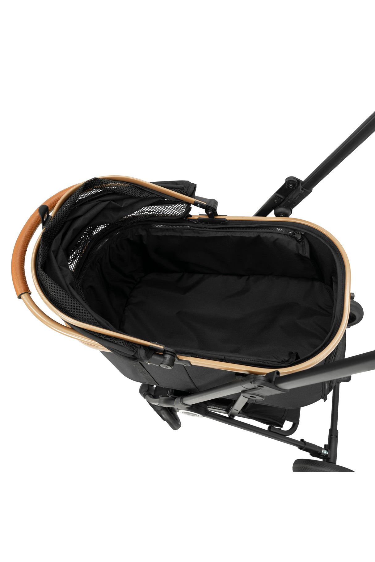 Ansicht von Oben auf den Tierbuggy mit leicht aufgeklapptem Verdeck