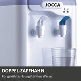 Nahaufnahme der zwei Zapfhähne des Jocca Wasserspenders für gekühltes und ungekühltes Wasser