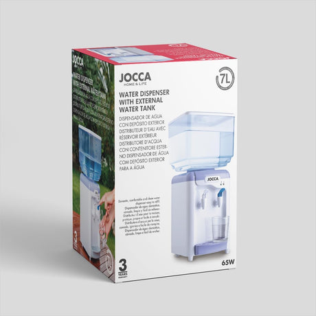 Produktverpackung des Jocca Wasserspenders mit allen technischen Details und Abbildungen
