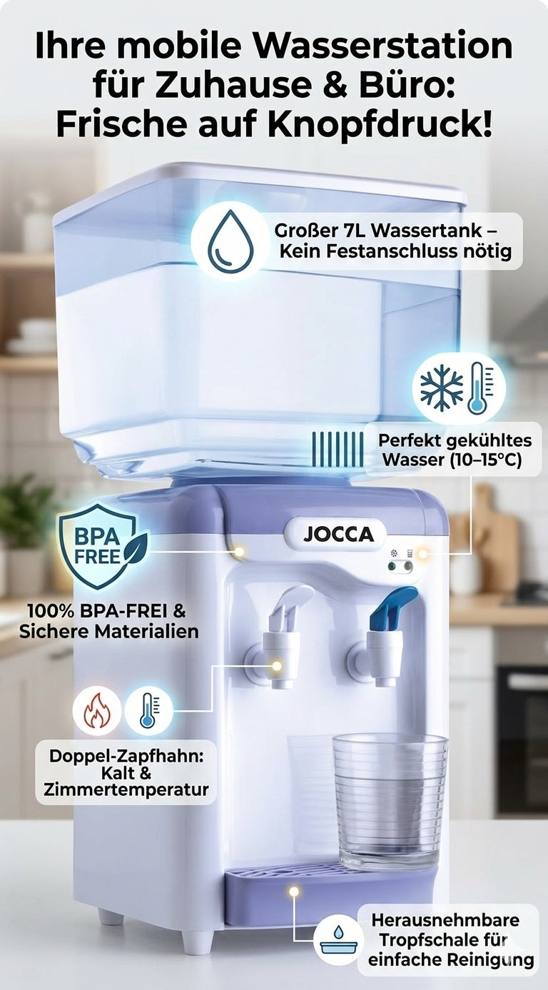 Infografik Jocca Wasserspender mit Highlights: 7L Tank, Kühlfunktion 10-15°C, BPA-frei und Doppel-Zapfhahn