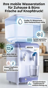 Infografik Jocca Wasserspender mit Highlights: 7L Tank, Kühlfunktion 10-15°C, BPA-frei und Doppel-Zapfhahn