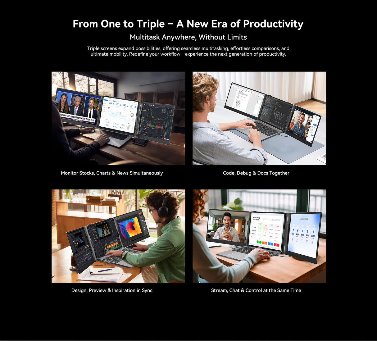 Marketing-Grafik: Eine Animation zeigt, wie aus einem normalen Laptop mit nur einem Kabel pro Seite im Handumdrehen ein produktives Triple-Screen-Setup wird.