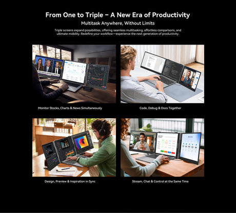 Marketing-Grafik: Eine Animation zeigt, wie aus einem normalen Laptop mit nur einem Kabel pro Seite im Handumdrehen ein produktives Triple-Screen-Setup wird.