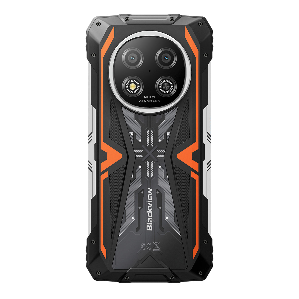 Rückseite des Blackview ROCK 2 in Orange Vibrance. Die orangefarbenen Akzente betonen das robuste Design, die 16MP Kamera und die Camping-LED.
