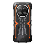Rückseite des Blackview ROCK 2 in Orange Vibrance. Die orangefarbenen Akzente betonen das robuste Design, die 16MP Kamera und die Camping-LED.