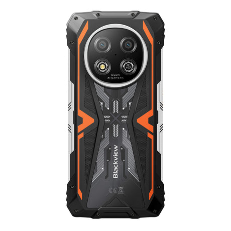Rückseite des Blackview ROCK 2 in Orange Vibrance. Die orangefarbenen Akzente betonen das robuste Design, die 16MP Kamera und die Camping-LED.