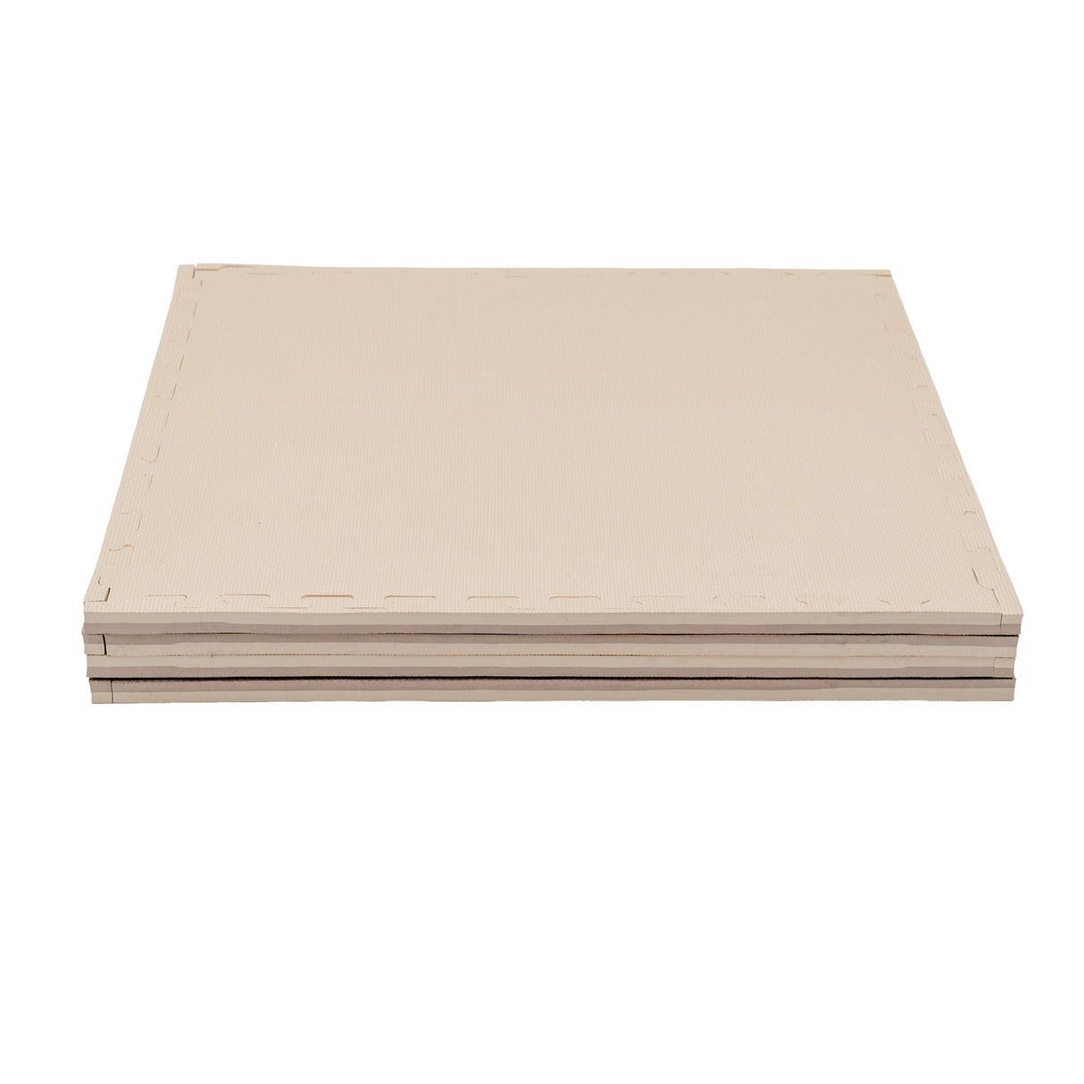 Drei stapelbare, beige Kartonplatten mit genähten Kanten