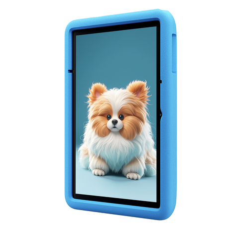 Blackview Tab A6 Kids – Frontansicht von der Seite, Display mit Hundemotiv, blaue Schutzhülle