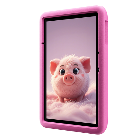 Blackview Tab A6 Kids – Frontansicht von der Seite, Display mit Schweinemotiv, pinke Schutzhülle