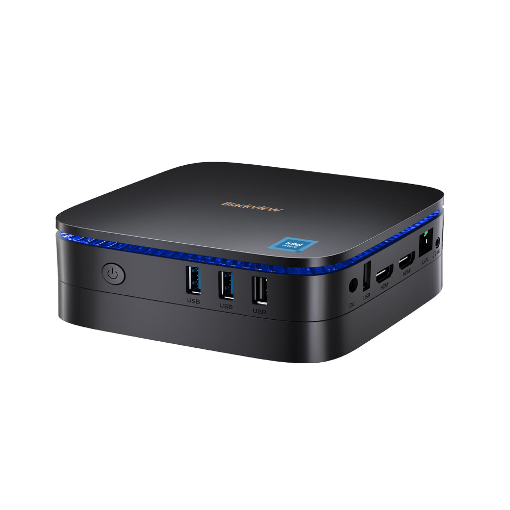 Blackview MP60 Mini PC – Frontalansicht mit blauer LED-Lichtleiste und USB-Anschlüssen
