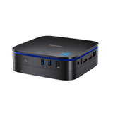 Blackview MP60 Mini PC – Frontalansicht mit blauer LED-Lichtleiste und USB-Anschlüssen