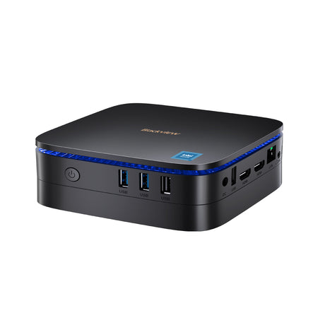 Blackview MP60 Mini PC – Frontalansicht mit blauer LED-Lichtleiste und USB-Anschlüssen