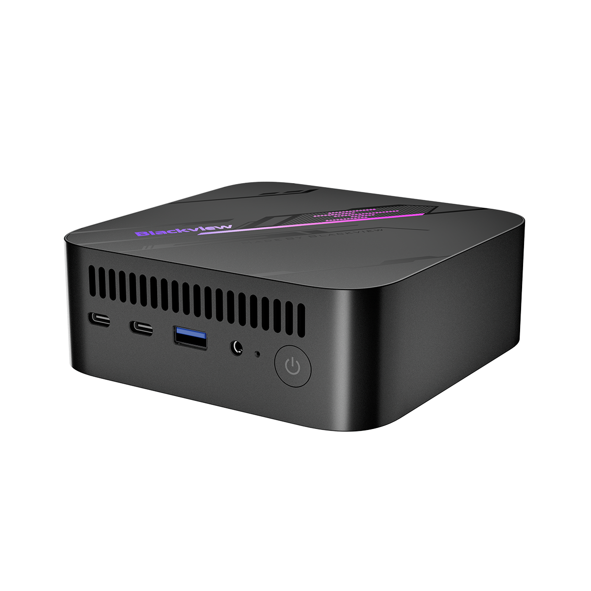 Blackview MP100 Mini PC – Frontansicht leicht rechts, zeigt zwei USB-C-Ports, USB 3.2 und Power-Taste