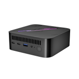 Blackview MP100 Mini PC – Frontansicht leicht rechts, zeigt zwei USB-C-Ports, USB 3.2 und Power-Taste