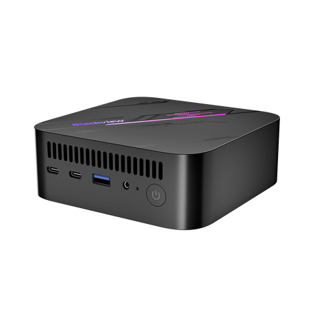 Blackview MP100 Mini PC – Frontansicht leicht rechts, zeigt zwei USB-C-Ports, USB 3.2 und Power-Taste