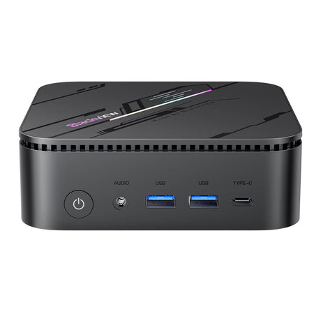 Blackview MP100 Mini PC – Frontale Ansicht zeigt die 2 USB C Ports sowie einen USB 3.2 und 1 Audio Port 