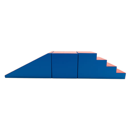 Bunte Schaumstoffspielgeräte mit Treppe und Rampe in Blau und Rot