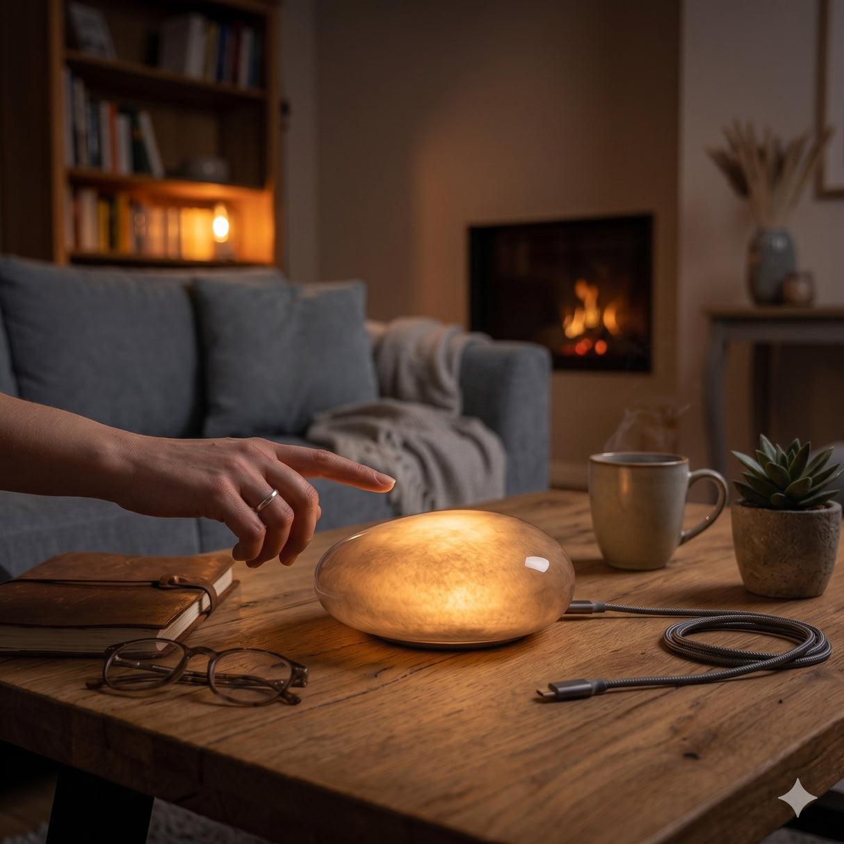 Jens Living LED Glaslampe im Wohnzimmer und eingeschaltet