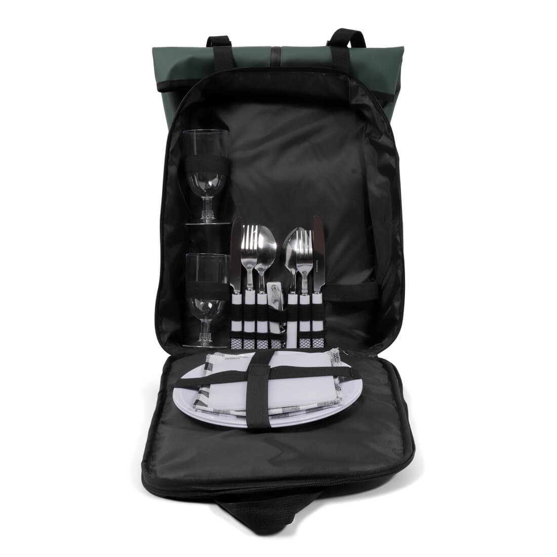 Norländer Picknick Rucksack in Grün Frontal mit offenem Fach